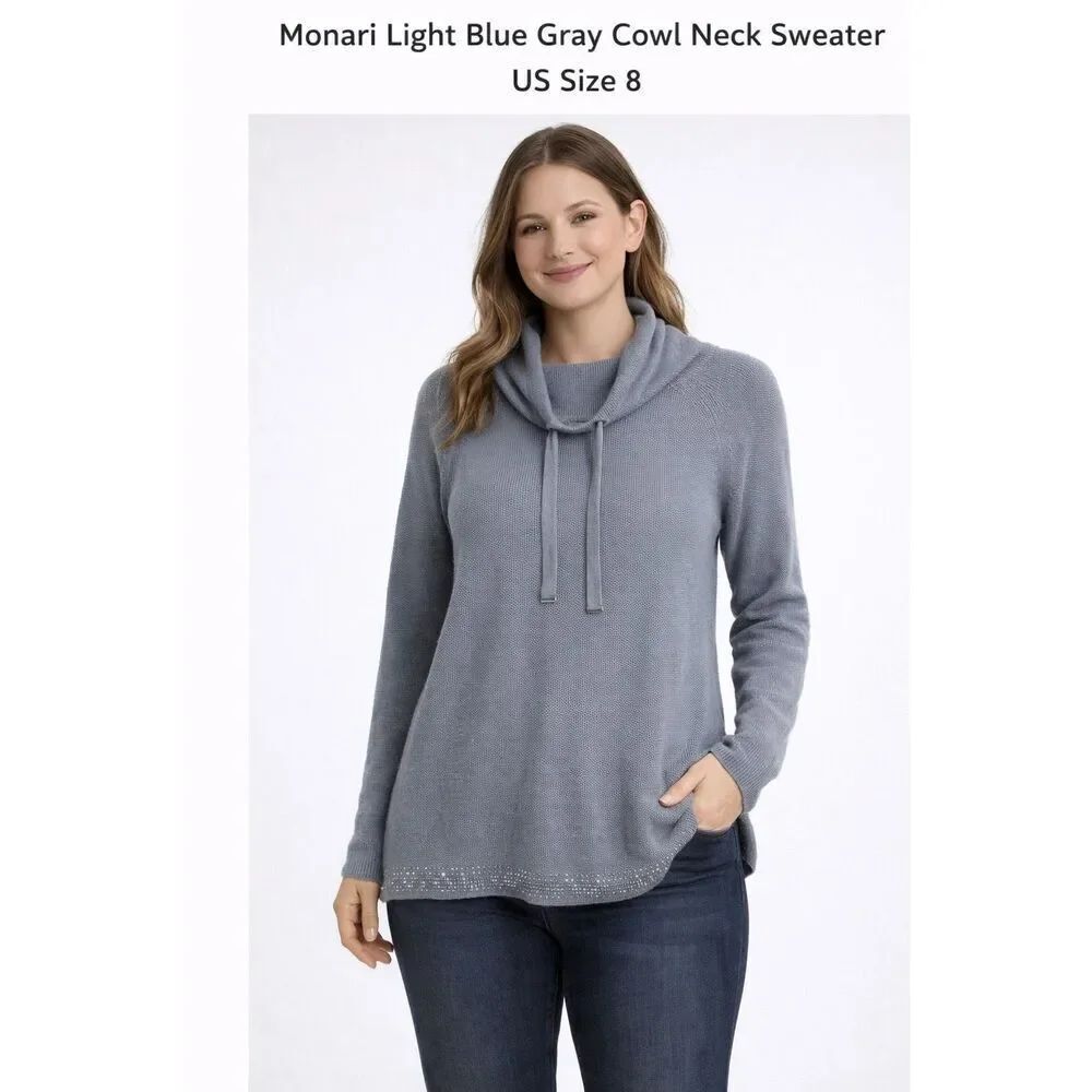 Monari Gray Cowl Neck Knit Sweater Rhinestone Hem Women US 8